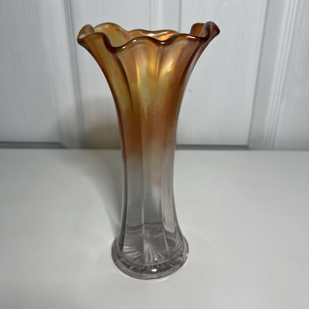 Carnival Glass Iridescent Marigold Ruffled Vase Vintage
